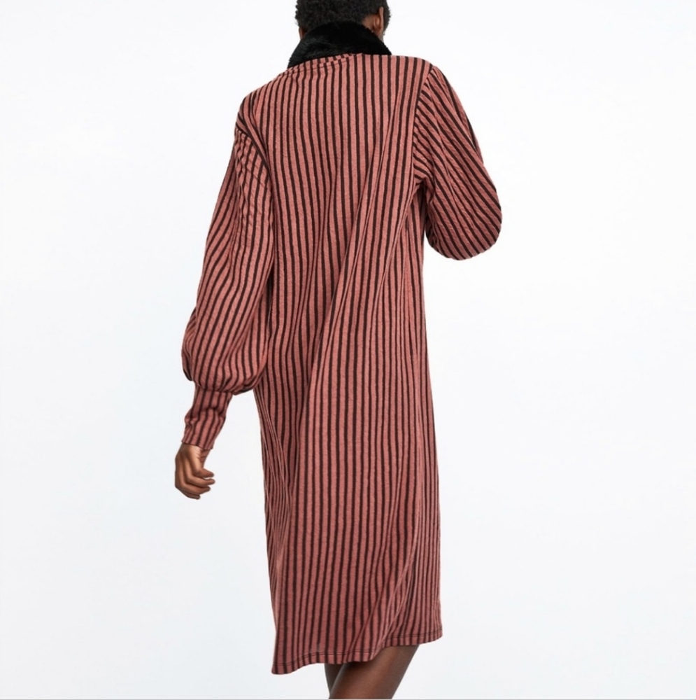 Zara Trafaluc Mauve and Black Vertical Striped Midi Dress Size Medium - Picture 3 of 10